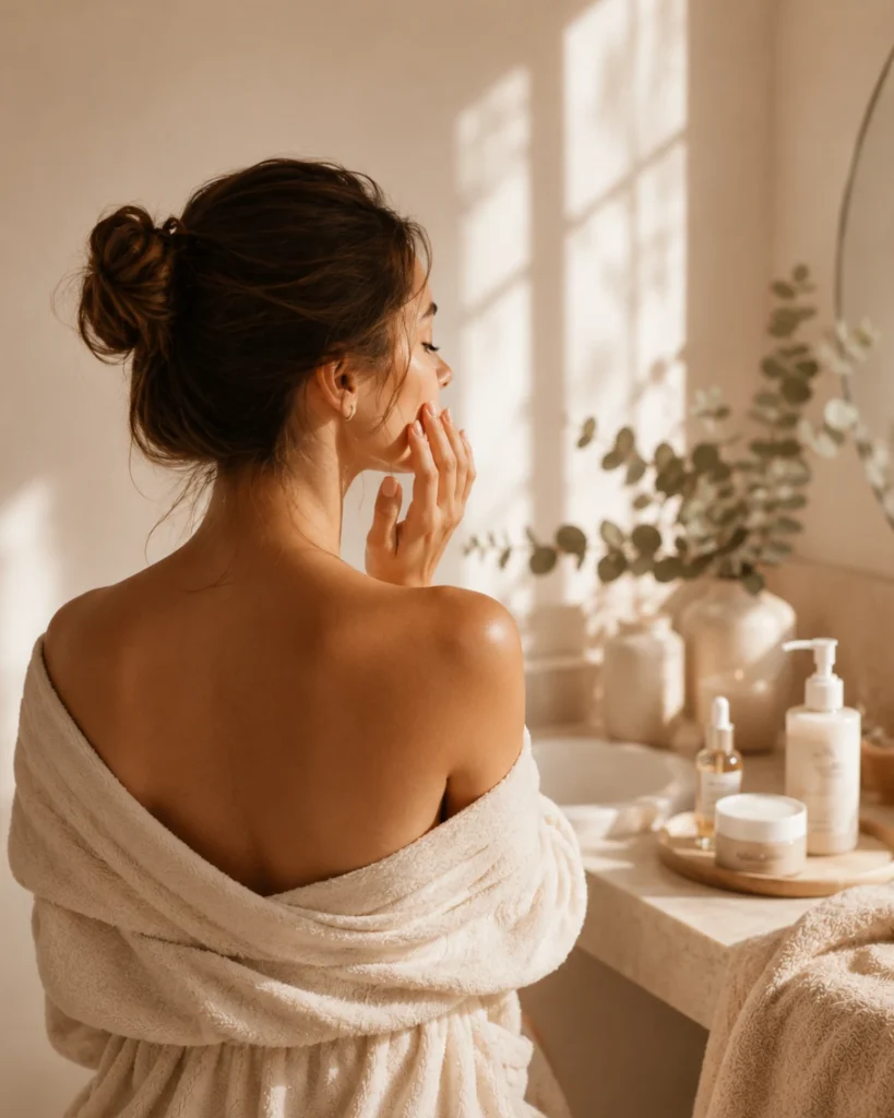 Nő minimalista fürdőszobában puha törölközőben, természetes reggeli fényben. A kép a tudatos bőrápolást és az otthoni skincare rutin hangulatát mutatja be.