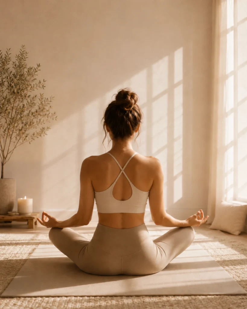 Meditáló nő jóga matracon meleg reggeli napsütésben. A kép a tudatos életmódot, a relaxációt és a belső egyensúly megteremtését jeleníti meg.
